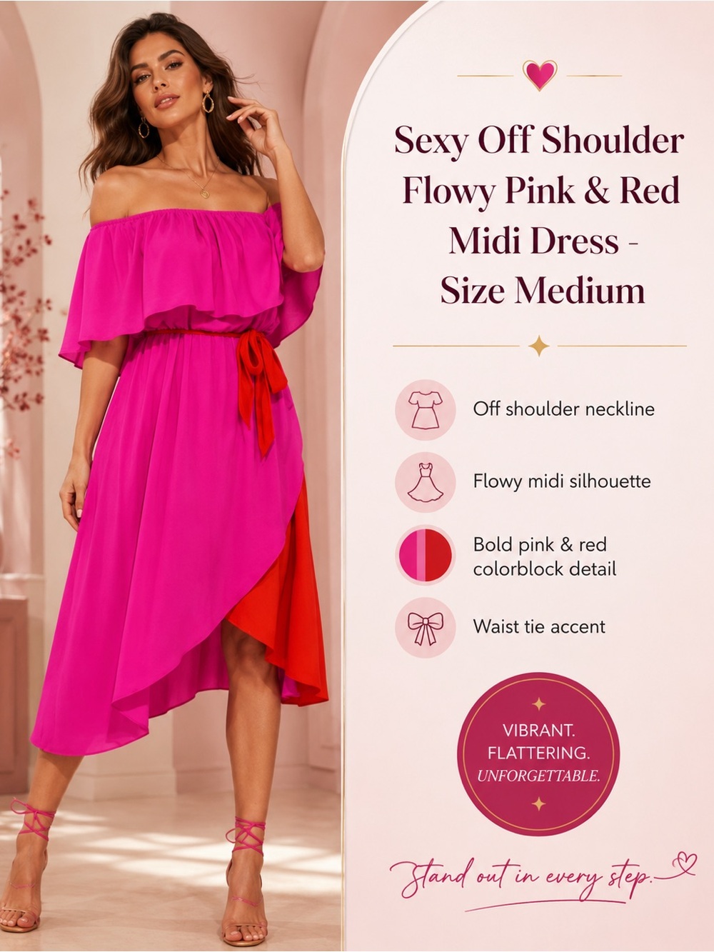 Sexy Off Shoulder Flowy Pink & Red Midi Dress - Size Medium
